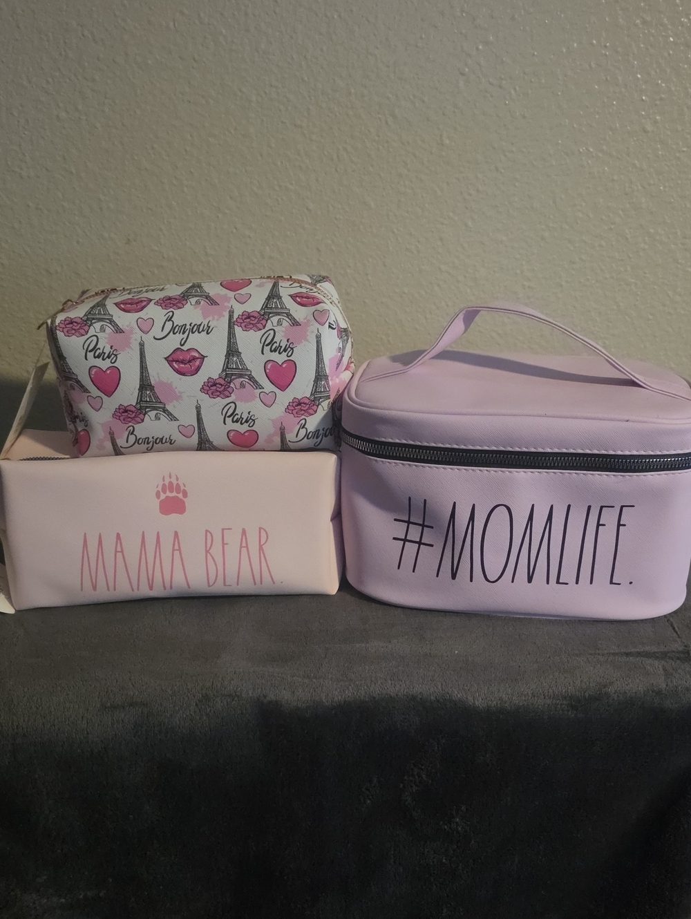 Set of 3 Pink Cosmetic Bags - #MOMLIFE, Mama Bear & Paris Print